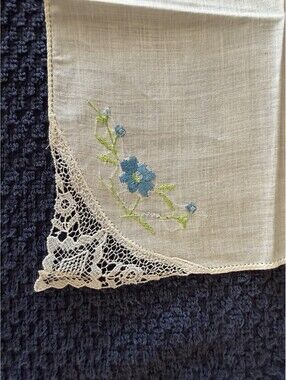 White Handkerchief Lace Corner Blue & Green Floral Embroidery